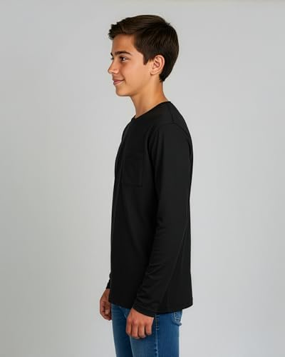 Real Essentials 4 Pack: Boys' Cotton Jersey Long Sleeve T-Shirt with Pocket - Kids Teens Youth Crew Neck Tee Top (Ages 4-16) - Image 6
