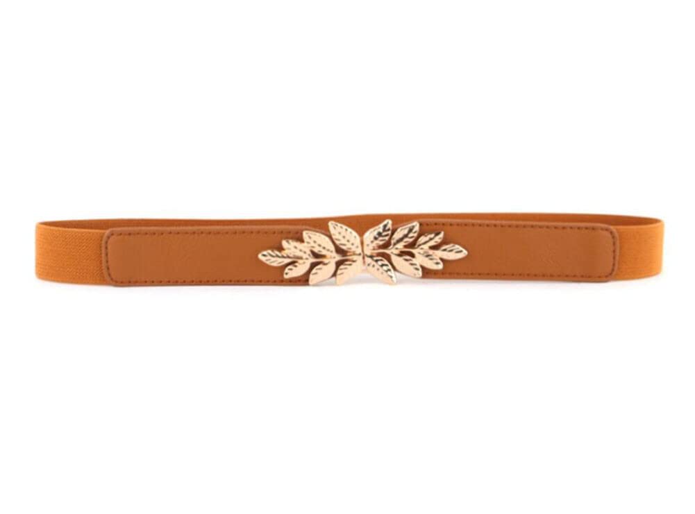 Diyafas Stretchy Dress Thin Belt Ladies Elastic Waistband Leaf Buckle Skinny Belts