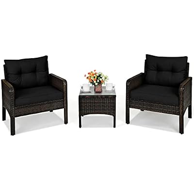 COSTWAY 3PCS Patio Furniture Set, Outdoor Wicker Cushioned Sofa Set with Coffee Table, All Weather Rattan Conversation Set for Garden Balcony Backyard Poolside Lawn, Black