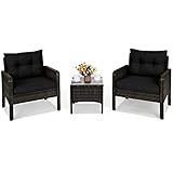 COSTWAY 3PCS Patio Furniture Set, Outdoor Wicker Cushioned Sofa Set with Coffee Table, All Weather Rattan Conversation Set for Garden Balcony Backyard Poolside Lawn, Black