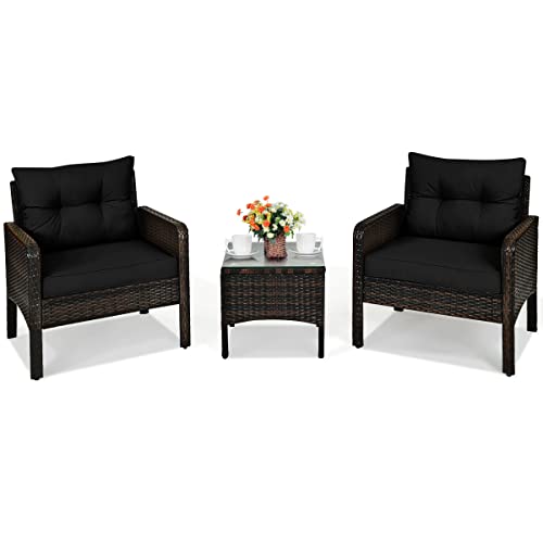 Tangkula 3 Piece Outdoor Patio Furniture Set, Wicker Chairs Set with Glass Top Coffee Table, Thick Cushions, All Weather Garden Lawn Poolside Backyard Porch Furniture Set for 2 (Black)
