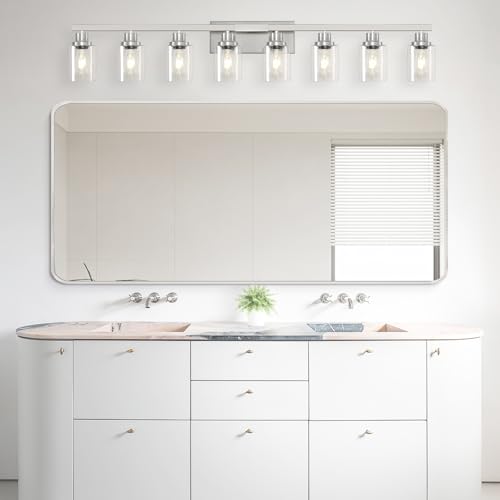 Image of 52inch Brushed Nickel Vanity Light Fixtures, 8 Light Brushed Nickel Bathroom Vanity Lights Over Mirror, Matte Nickel Modern Bathroom Wall Lighting for Mirror Bedroom,Living Room
