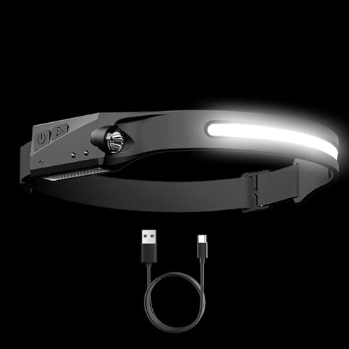 Luce frontale per fronte, lampada LED con sensore di movimento, fascio largo 230°, ricaricabile, super luminosa, leggera, impermeabile, per campeggio, corsa, escursionismo, passeggiate