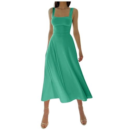 Lainuyoah Sleeveless Dresses For Women 2025 Square Neck Slim Fit Waisted Flowy Swing Long Dress Solid Elegant Party Sundress