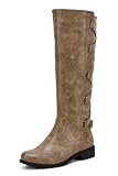 Syktkmx Womens Strappy Motorcycle Knee High Boots Winter Lace Up Riding Flat Low Heel Shoes, Khaki, Size 8