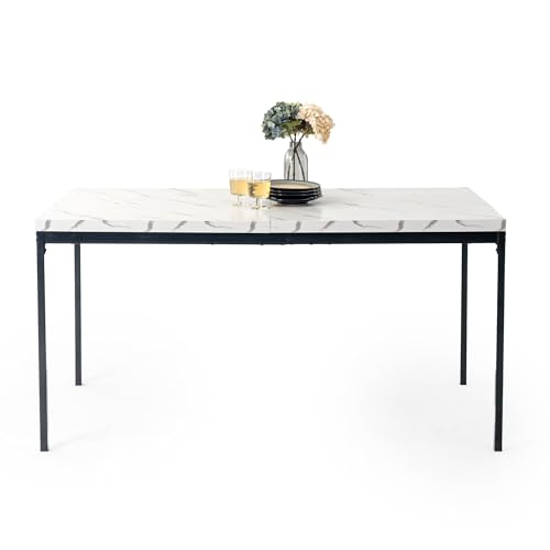 FurnitureR Tables à Service de Jardin en Imitation Marbre Blanc, pour 4 à 6 Personnes, Plateau en Bois Epais avec Structure Métallique, pour Terrasse, Patio, Salle à Manger, Garden, 150 x 75 x 75cm – Image 4