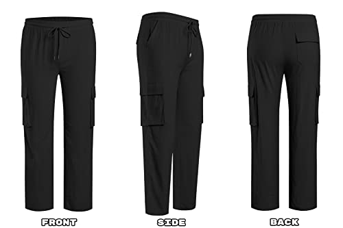 Paslter Mens Linen Cargo Pants Lightweight Elastic Waist Drawstring Casual Loose Summer Beach Yoga Pants With Pockets A-Black #TOP3