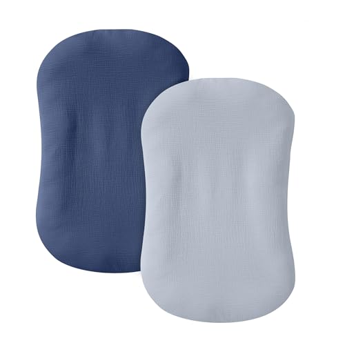 Image of guruixu Muslin Baby Lounger Cover 2 Pack, 100% Cotton Infant Lounger Cover, Soft & Breathable Replacement Slipcover, Compatible with Snuggle Me Newborn Lounger (Navy,Lightblue)