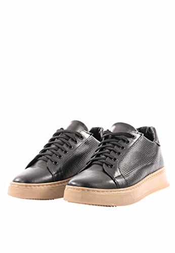 Zapatillas de hombre de piel elegantes, fabricadas en Italia, zapatos deportivos con suela beige de goma, Negro , 40 EU