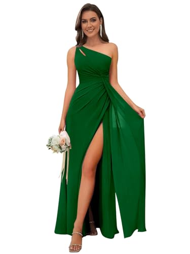 Image of OFEECHUN Women's Chiffon One Shoulder Bridesmaid Dresses Long Pleated Formal Evening Gowns with Slit
