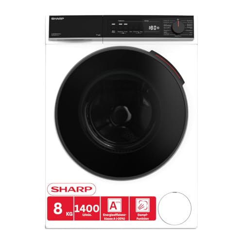 SHARP Waschmaschine ES-WNFB814CWDA-DE – 8 kg, Energieeffizienzklasse A, 1400 U/min, Inverter Motor, AquaStop, Dampffunktion, WiFi-Steuerung, Super Silent, Weiß