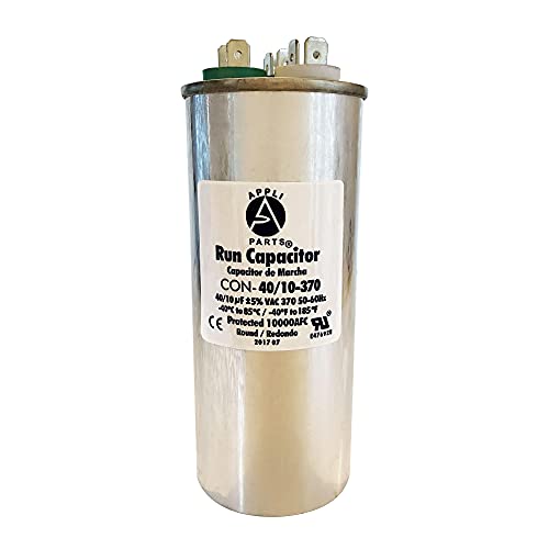 Appli Parts Dual Run Capacitor for ac 40+10 Mfd uF (microfarads) 370VAC CBB65 Round Universal fit for hvac and other applications 2 in Wide 5-1/8 in Height CON-40/10-370-R