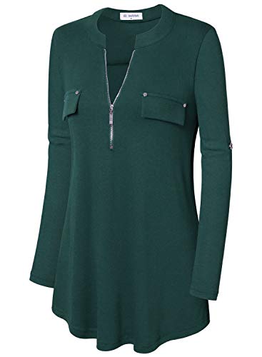 Image of Bulotus 3 /4 Length Sleeve Womens Striped Tops Zipper V Neck Collared Blouses Business Casual Tunics 2026 Spring Trendy