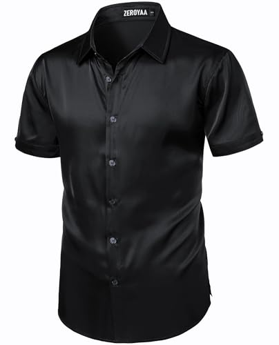 ZEROYAA Men's Hipster Shiny Silk Satin Shirt Regular Fit Short Sleeve Casual Button Down Dress Shirts for Summer Party2