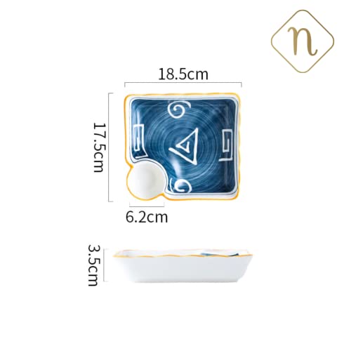 Image of Nestasia Set of 2 Ceramic Chip and Dip Snack Plate with Dip Section | Microwave & Dishwasher Safe Starter Plates | Perfect for Fries, Momos, Sushi, Kebab (White & Blue)