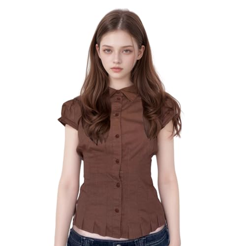 Women's button up shirt, teenage girls' bubble sleeves, pleated polo collar, short sleeved top, brown - Main Image