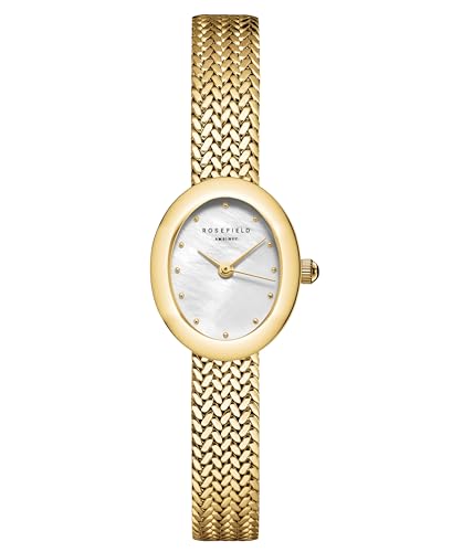 Rosefield Mini Damenuhr – Gold Mesharmband – Damen Uhr mit Weißem Ovalem Zifferblatt – Edelstahl – 3ATM Wasserfest – Eleganter Alltag Luxus