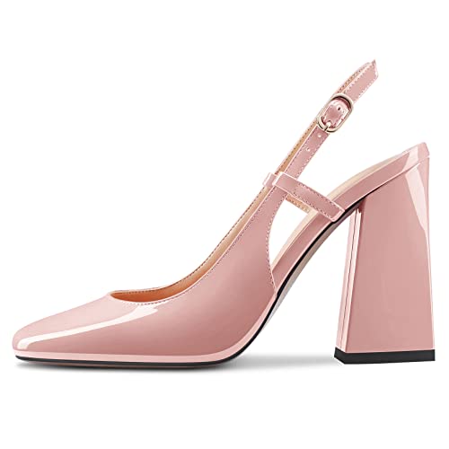 Aachcol Women Pumps Square Toe Slingback Ankle Strap Chunky Block High Heel Dress Shoes Party Wedding Patent 4 Inch2