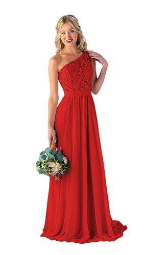 Image of LANGKAAO Women's One Shoulder Bridesmaid Dresses Long for Wedding with Pockets Lace Bodice A-Line Chiffon Formal Party Gown