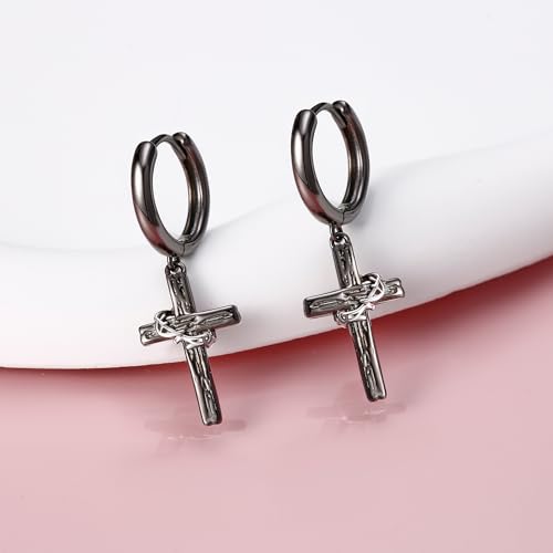 Black Cross Earrings Sterling Silver Cross with Thorn Dangle Earrings for Men Cross Jewelry for Men3