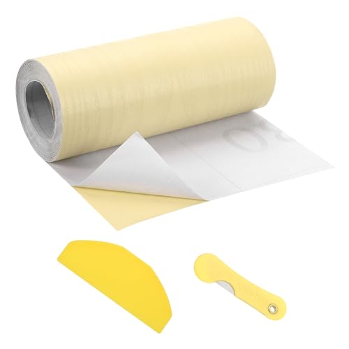 Image of uxcell 1 Roll Wood Grain Tape, 5.91 inch x33 Ft Realistic Textured Repair Tape Self Adhesive Wood Textured Patch with Tool for Floor Wall Door Table Cabinets Furniture Home Decor(Light Yellow)