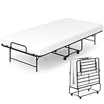 Multigot Folding Bed with 10cm Thick Memory Foam Mattress and Wheels, Portable Rollaway Sleeper Bed, Metal Frame Foldable Single Beds Compact Fold up Guest Beds for Home Office Camping