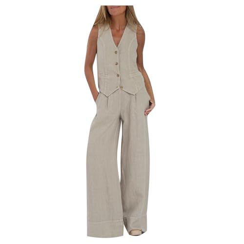 Mrat Damen-Weste und Hose, Set aus Baumwollleinen, Sommer-Trainingsanzug, komplettes Set, 2-teiliges Outfit, ärmellos, V-Ausschnitt, Knopf, Weste, weite Beinhose, 2-teiliger Blazer, Anzug, Business