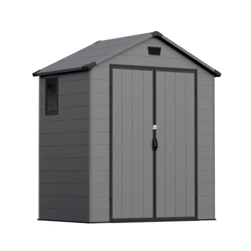 Image of Devoko 6X4 FT Plastic Outdoor Storage Shed with Floor, Dark Gray | Resin Tool Sheds with Lockable Door and Window, Weather-Resistant Garden Shed, Easy Assembly for Backyard, Patio, Lawn
