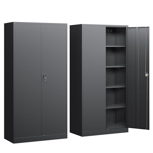 Image of Yizosh Metal Garage Storage Cabinet with Lock, 71 inch Locking Tool Cabinet with 2 Doors and 4 Shelves, Tall Steel Cabinet for Garage, Heavy Duty File Cabinet for Office, School (Black)