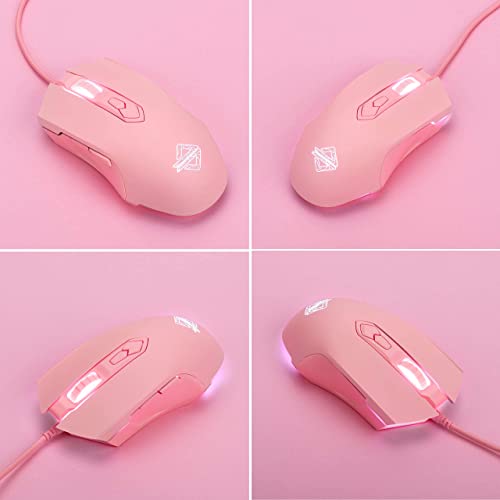 Lomiluskr AJ52 Gaming Mouse Wired, 7 Programmable Buttons, Computer Mice with RGB LED Backlit, 200-4800 DPI Adjustable,for Windows/Mac OS/Linux (Pink)