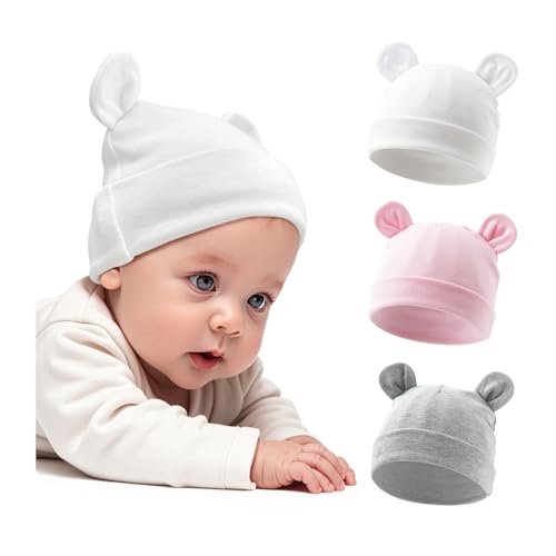 Image of ZURLEFY Cotton Newborn Hats for Unisex, Bear Ears Baby Girl Boy Beanie Hat for Newborn, Infant, Toddler Cap