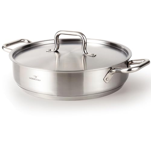 HOMICHEF Braiser Pan 5 Quart with Lid Nickel Free Stainless Steel - Matte Polished Deep Saute Pan Non Toxic - 5 Qt Braiser with Stainless Steel Lid Induction
