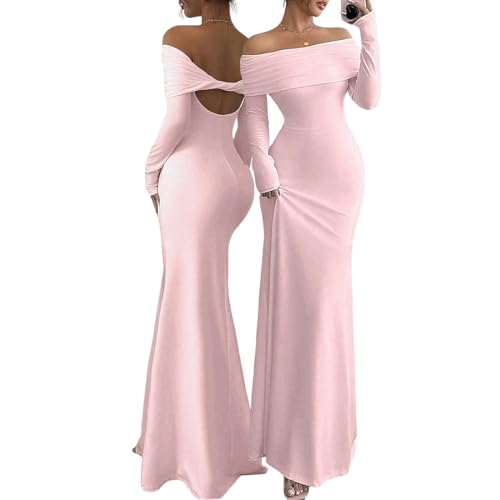 AOWVUTS Sexy Langes Kleid Damen Langarm Rückenfreie Figurbetontes Maxikleid Schulterfreies Kleid Elegante Hochzeitsgast Kleider Abendkleid Eng...