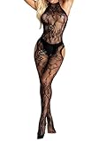 Mingnos Damen Sexy Bodystocking Catsuit Ouvert Ärmellos Transparent Dessous mit Satin-Schleife, Rave Festival Outfit Netzbody Strumpfhose Nylon Bodysuit, Schwarz