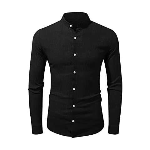 Jolicloth Mens Linen Shirts Casual Button Down Henley Shirts Cotton Fashion Beach Grandad Black Shirt Large Cover