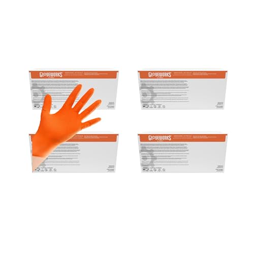 Image of GLOVEWORKS Orange Nitrile Work Gloves, 8 Mil Disposable Heavy Duty, Raised Diamond Grip Mechanic Glove Medium 4 Cases of 1000