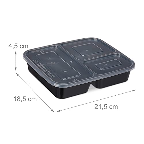 Relaxdays Meal Prep Boxen, set van 10, 3 vakken, 1000 ml, magnetronbestendig, kunststof voedselbox met deksel, zwart - Image 5