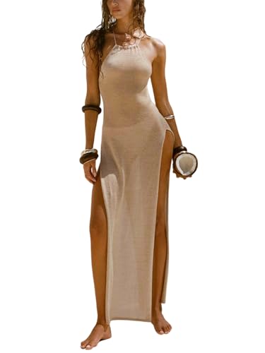 Women's Swimwear Cover Ups Crochet Knitted Backless High Slit Beach Maxi Dress Coverups