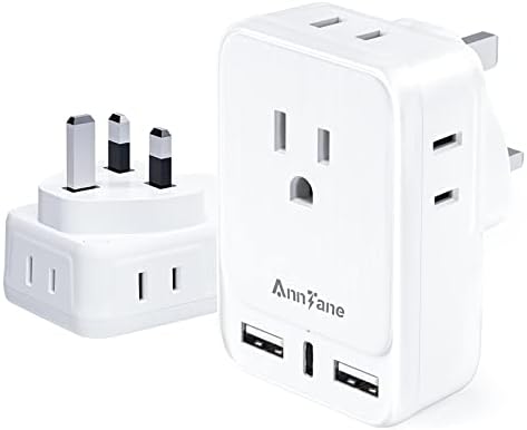 US to UK Plug Adapter, AnnTane UK Travel Plug Adapter, Type G Power Adapter with 4 Outlets 3 USB Ports(1 USB C), Travel Essentials Plug with Bag for USA to Qatar Ireland England Kenya Dubai London
