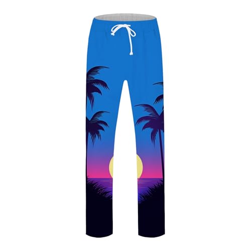 Generic Mens Linen Pants Beach Hawaii Print Casual Summer Casual Pants Elastic Waist Drawstring Baggy Trousers with Pockets, Large, #B5 Blue3