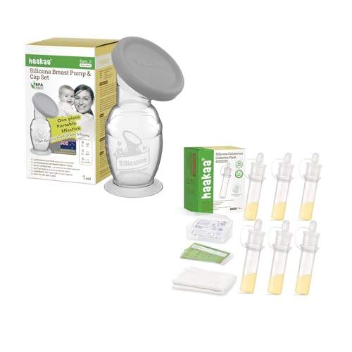 haakaa G2 Manual Breast Pump 5oz./150ml with Silicone Cap & Colostrum Collectors (0.1oz./4ml,6pcs) Combo