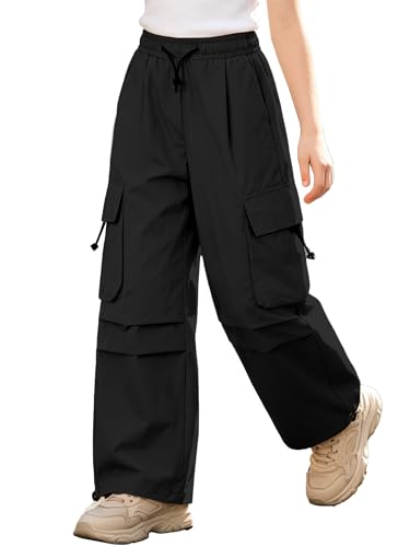 Image of SANGTREE Girls Parachute Pants Loose Lightweight Drawstring Waist Hip Hop Cargo Pants,6-16 Years