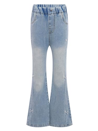 Hularka Kids Girls Bowknot Embroidery Flared Jeans Slim Fit Elastic Waist Denim Bell Bottom Pants Casual Denim Trousers3