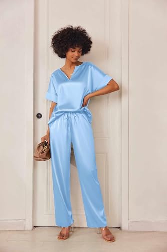 Image of Ekouaer Mens Satin Pajamas Set Button-Down Short /Long Sleeve Shirt Top Soft Silk Sleepwear Loose Pocket Pant Loungewear