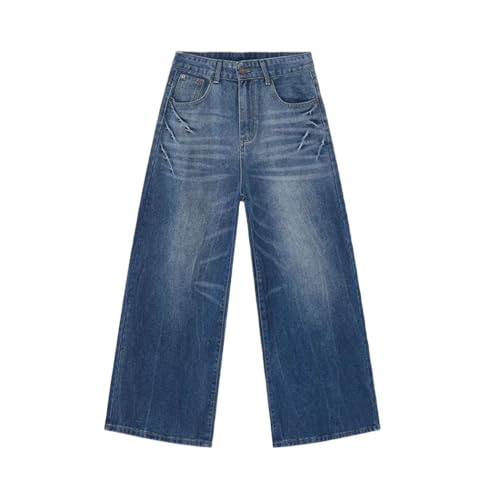 Men Vintage Washed Straight Denim Pants High Waisted Loose Fit Wide Leg Casual Office Trousers