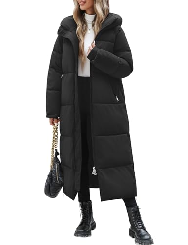 Image of Jyanl Women Long Winter Puffer Coat Quilted Jacket Winter Warm Hooded Maxi Length Parka Padded Down Zip Thick Outerwear with Side Zipper Slits