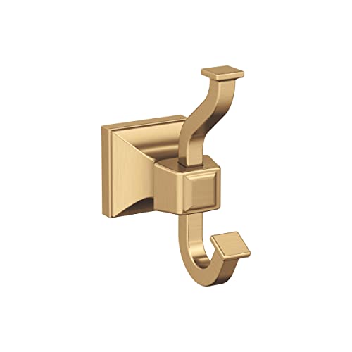 Image of Amerock Mulholland Double Prong Champagne Bronze Wall-Mounted Hook | Decorative wall hook in durable zinc construction for coats, hats, bags, towels, and everyday organization