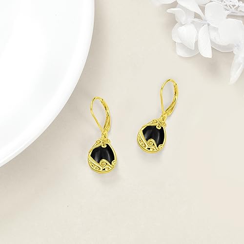 Black Onyx Drop Earrings for Women - Sterling Silver 18K Yellow Gold Plated Filigree Dangle Leverback Jewelry Gifts4