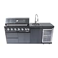 Zolyndo 85" Outdoor Kitchen Island with Grill and 6-Burner 85000 BTU, Stainless Steel Backyard Kitchen Island with Sink, Beverage Refrigerator and Granite Countertops