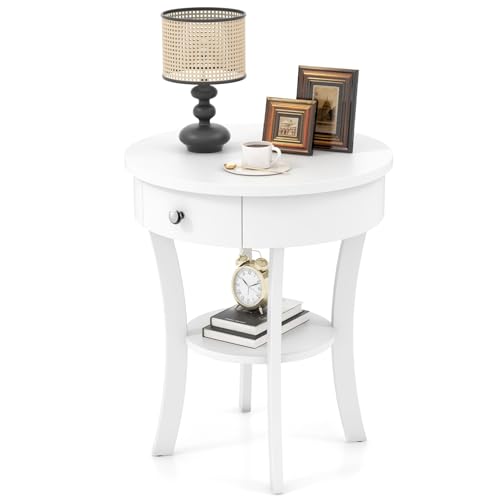 Giantex Round End Table with Drawer, 2-Tier Wood Side Table w/Open Shelf, Small Sofa Side Table for Small Space, Multipurpose Accent Table for Bedroom Living Room Home (1, White)